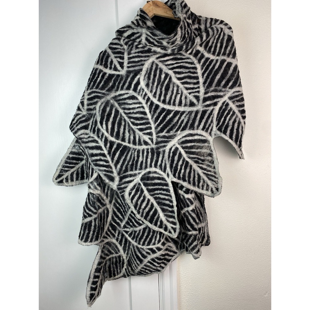 Pomegranate Moon Black White Merino Wool Blend Art Scarf Handmade in Nepal